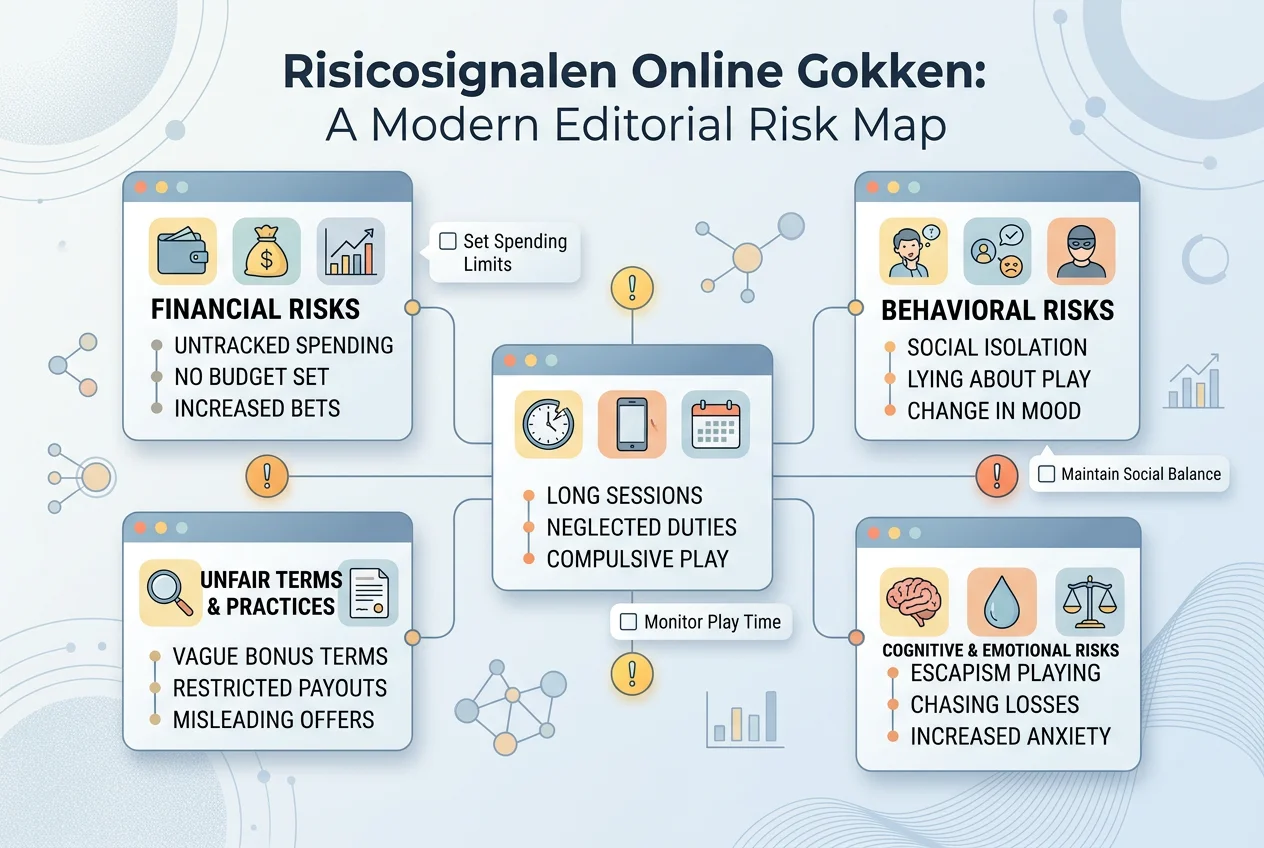 Overzichtelijke kaart met waarschuwingssignalen rond online gokaanbiedingen